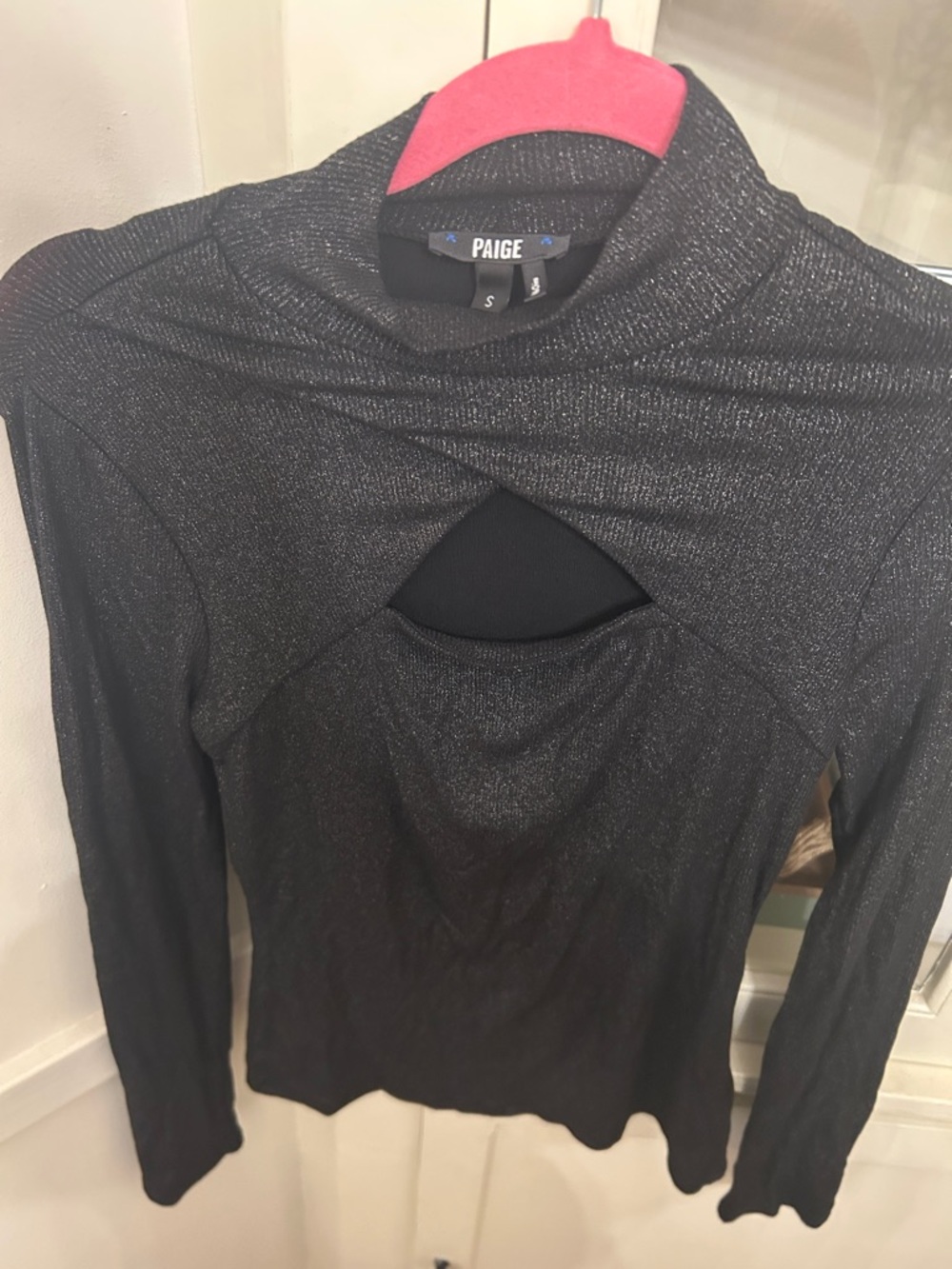 PAIGE Black Metallic Long Sleeve Cutout Mock Neck Top